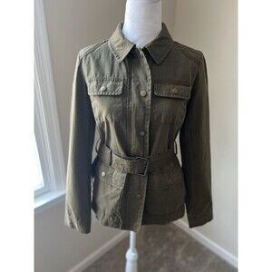 Talbots Jacket Womens XS Olive Green Military Utility Cargo Belted Plaid Lining
